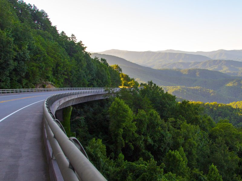 A breathtaking scenic drive along the Foothills Parkway. Winding mountain road along the Great Smoky Mountains Foothills Parkway in Wears Valley, Tennessee, USA.