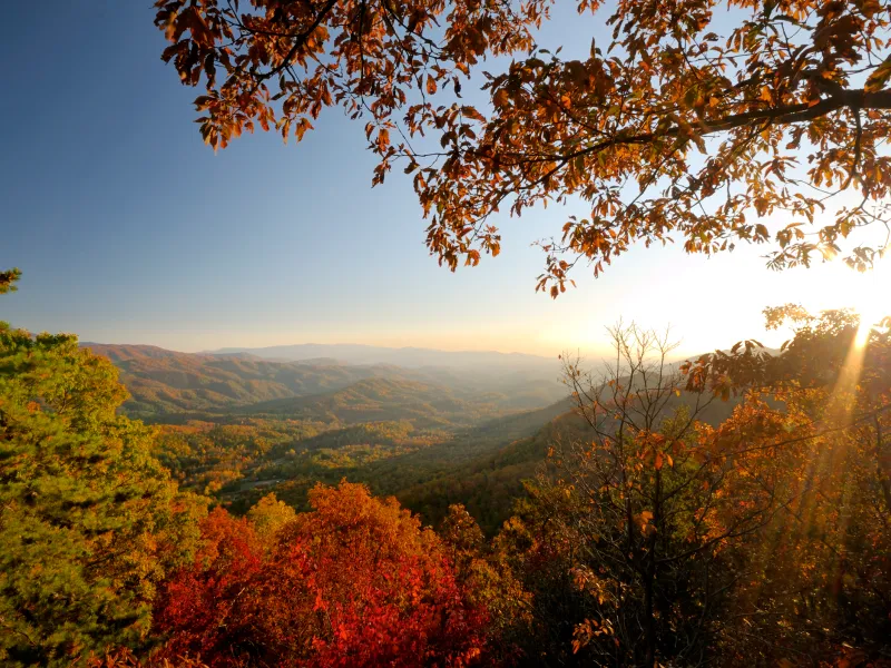 Sunlit valley with autumn trees and distant mountains.