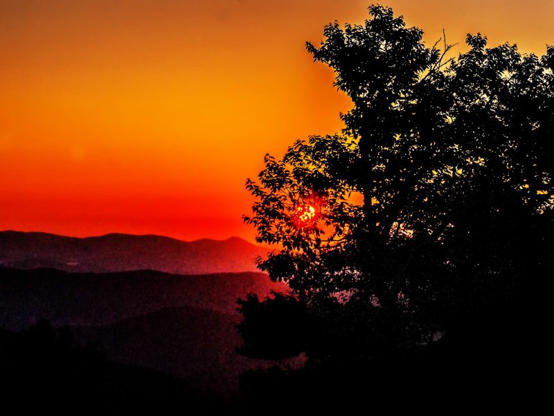 A view from the Great Smoky Mountains Foothills Parkway with sun rising over the mountains of the Smokies in early spring with fog in the valley.