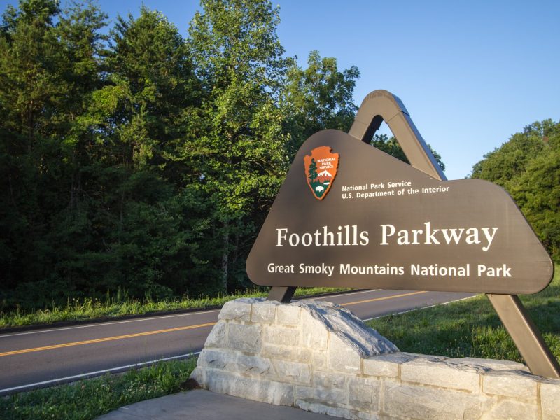 Wears Valley, Tennessee, USA Foothills Parkway sign for the newly completed section of the Foothills Parkway. The completed section is 16 miles and runs between Wears Valley and Walland,Tennessee. The Foothills Parkway is part of the Great Smoky Mountains National Park.