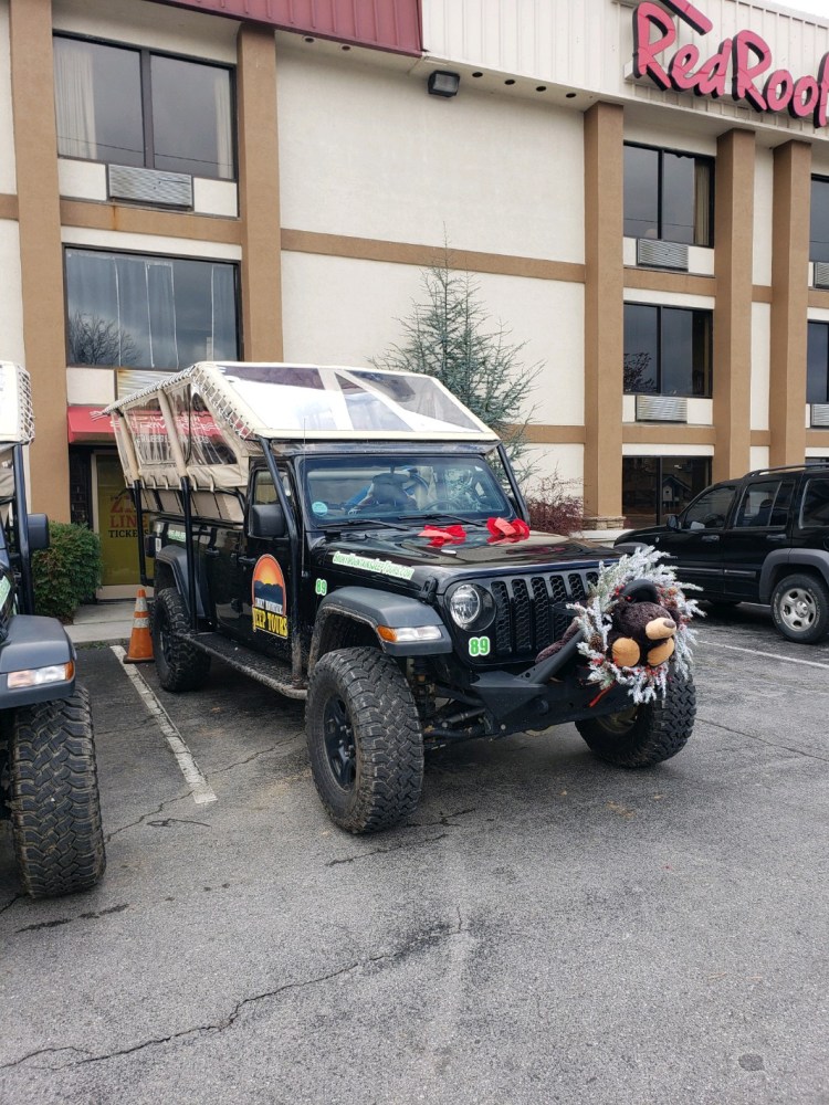 Smoky Mountains Jeep Tours guided adventure tour vehicle decked out for Winterfest.