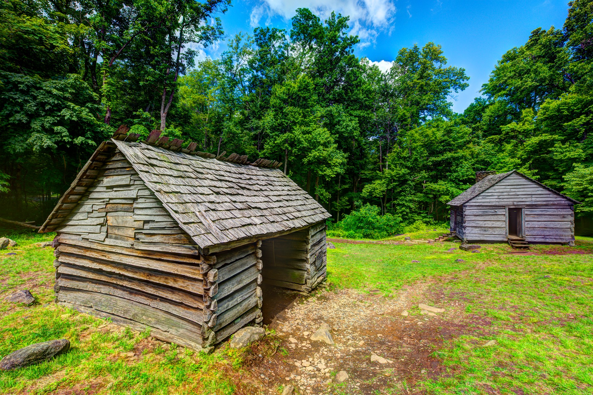 Log cabins at Roaring Fork Motor Trail in Great Smoky Mountains National Forest.