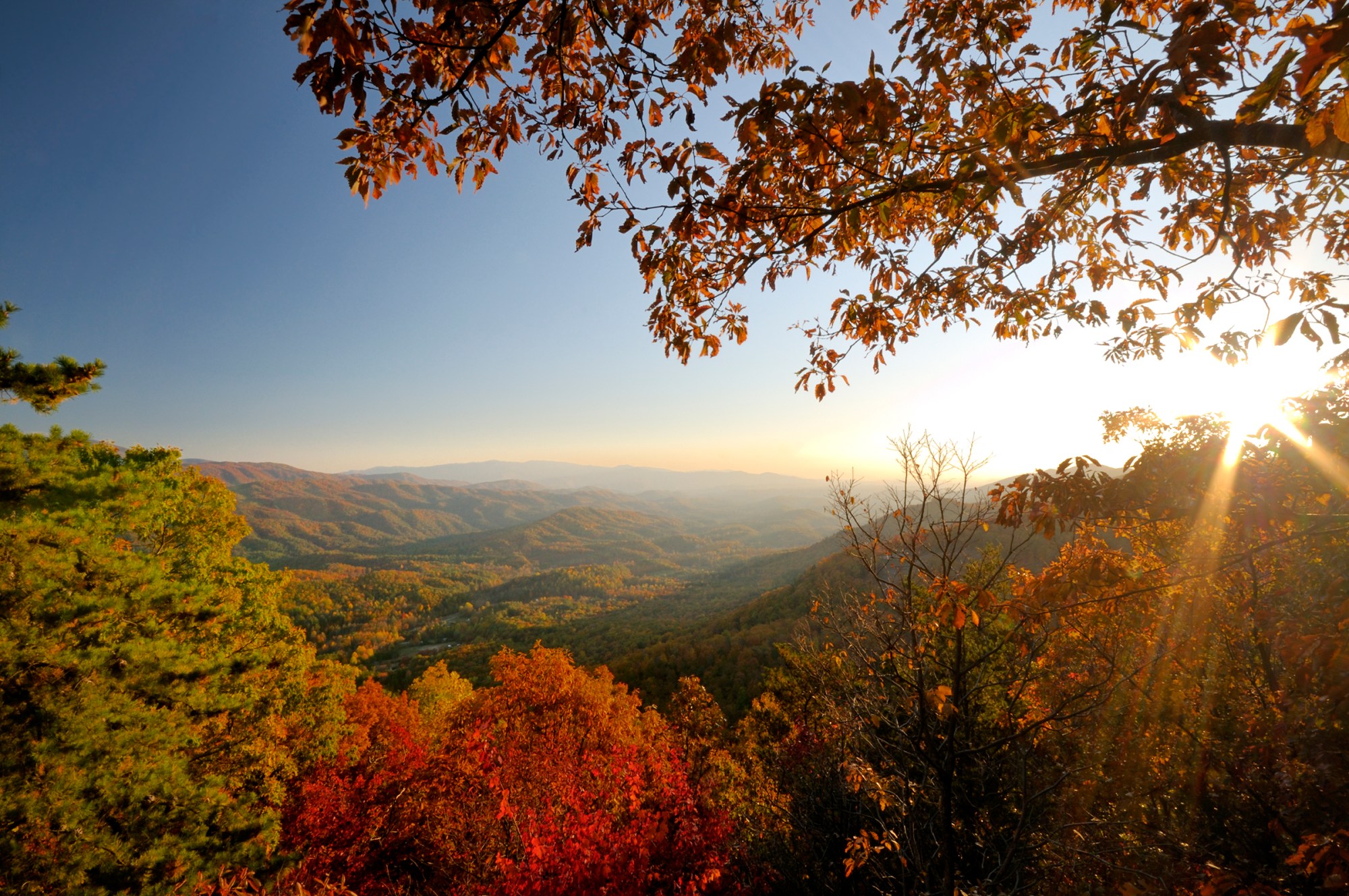 Look Rock Lower Overlook on Foothills Parkway West in Autumn A colorful Autumn sunset view from the overlook below Look Rock on Foothills Parkway West near Great Smoky Mountains National Park, Tennessee, USA.