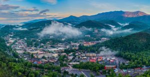 Gatlinburg, Tennessee, USA townscape in the Smoky Mountains.