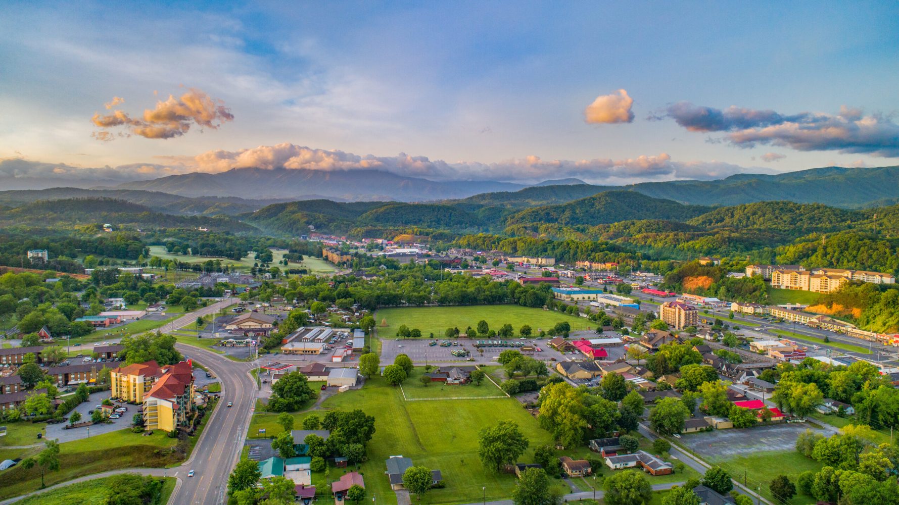 Pigeon Forge and Sevierville Tennessee at the foothills of the Great Smoky Mountains National Park.
