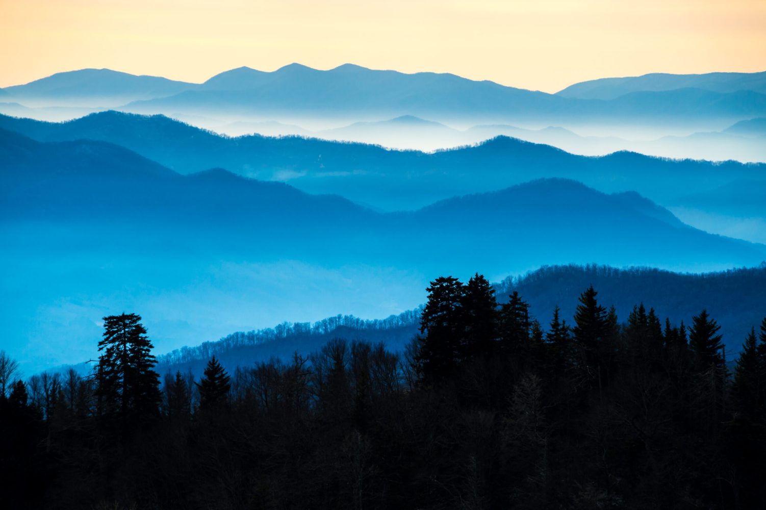 View of the "Blue Smoky" of Smoky Mountains from Route 441 Newfound Gap in the Great Smoky Mountains National Park in Tennessee