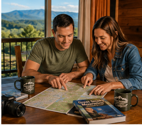 Couple at table with map, books, mugs, camera, mountain view outside window.