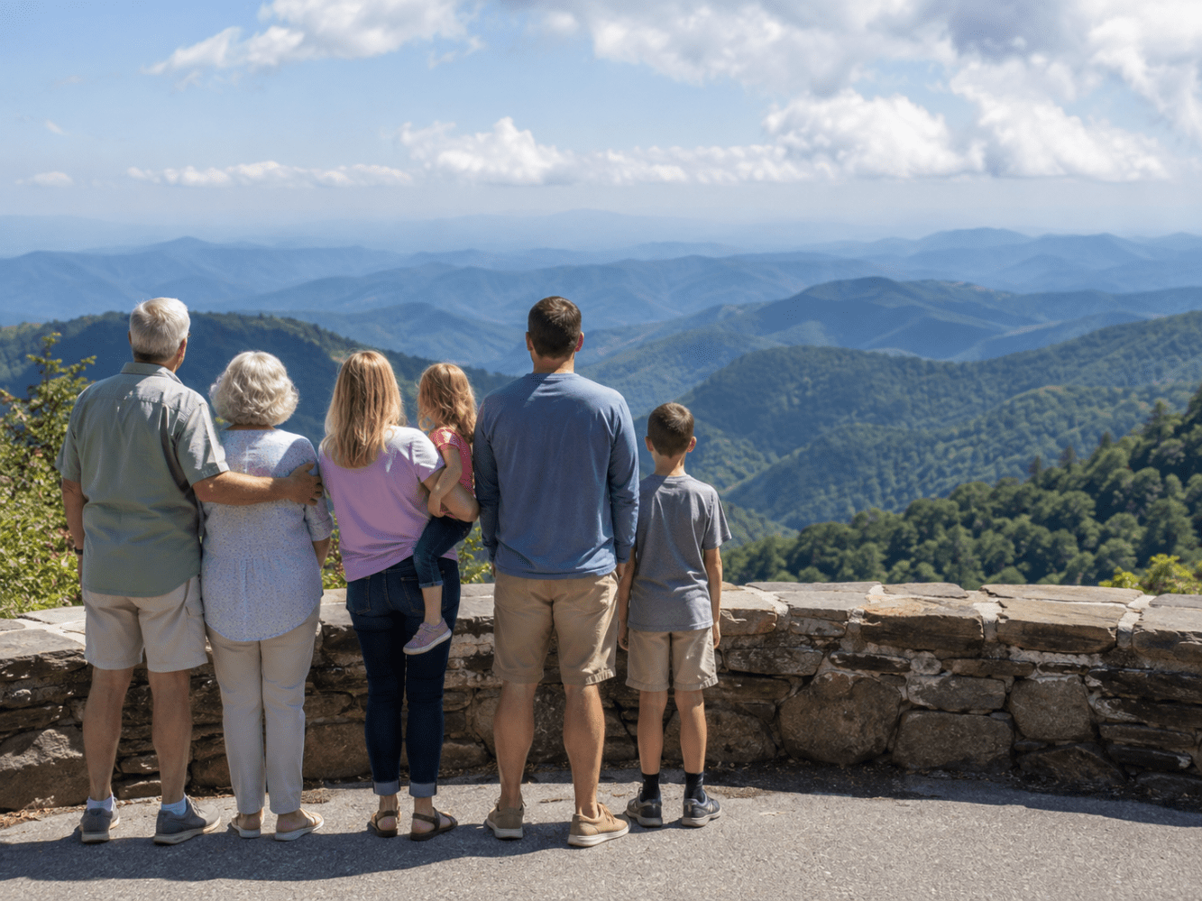 Family of six standing on a mountain overlook, admiring scenic view.