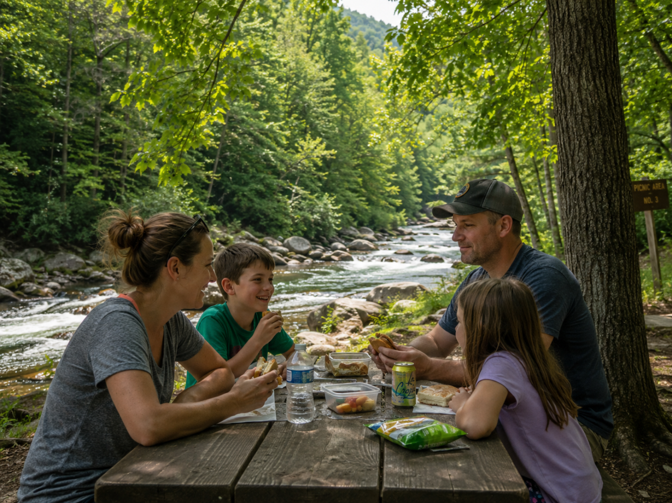 Family enjoys picnic at a wooden table by a river in a forested area.
