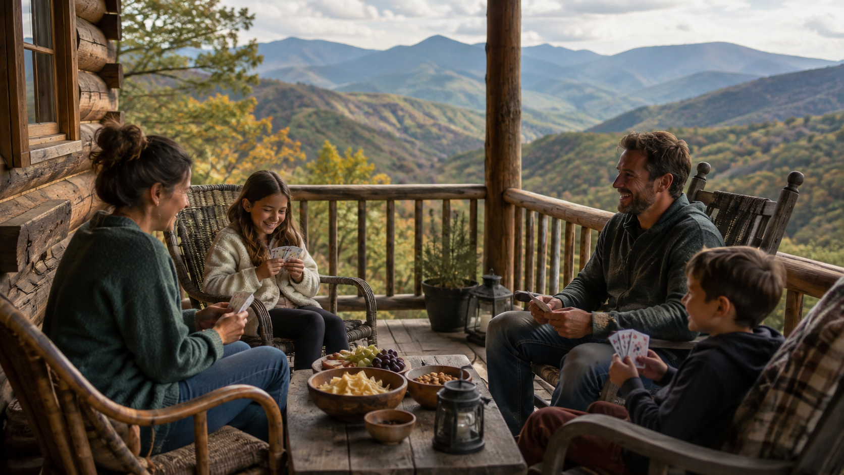 Family playing cards on a mountain cabin porch with scenic views.