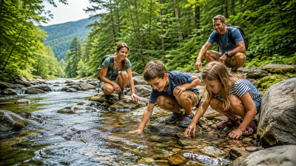 Family exploring a rocky stream in a forested area.