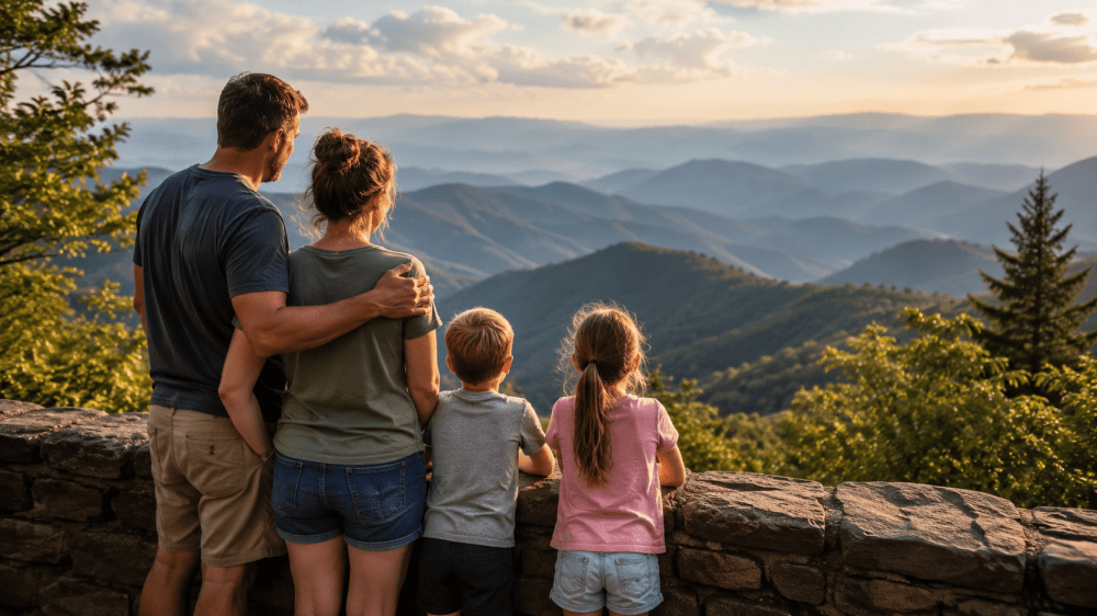 Family of four overlooking mountain landscape at sunset.