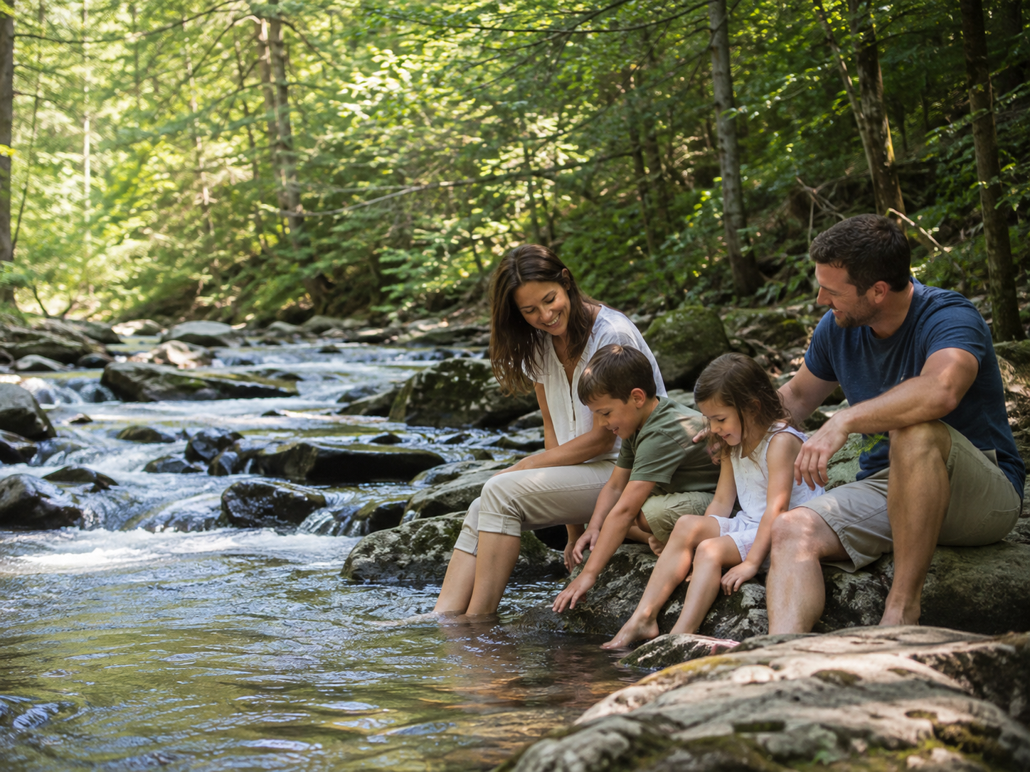 Family sitting by a forest stream, children touching the water.