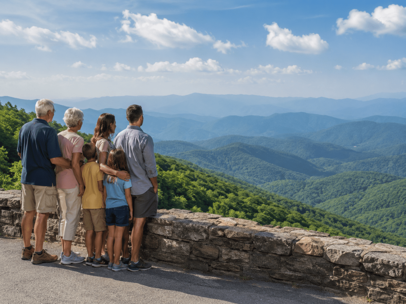 Family of seven standing at scenic overlook with mountain views.