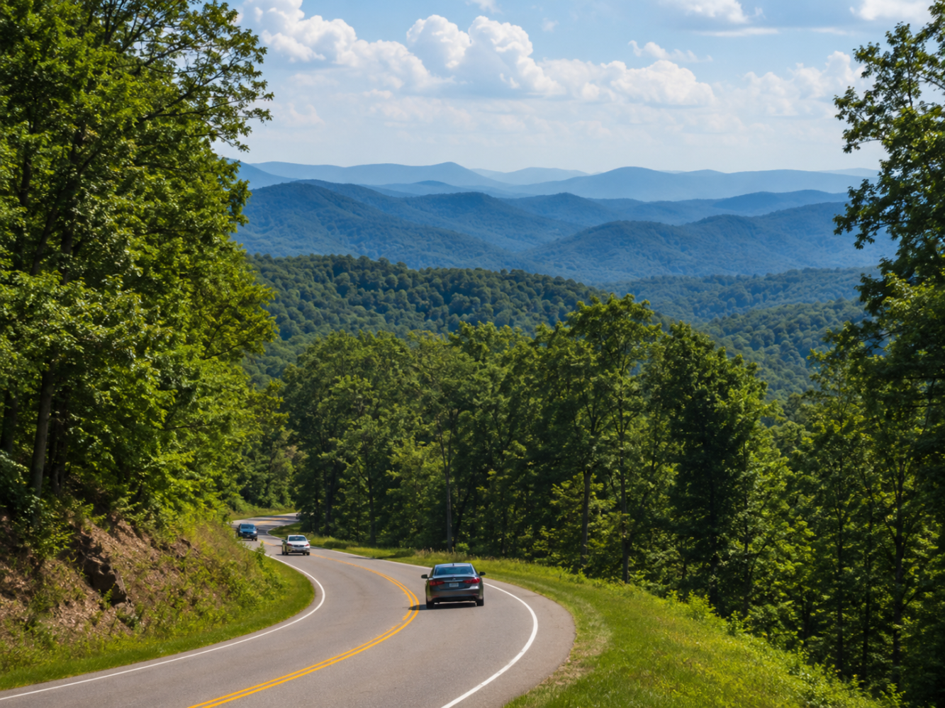 Cars driving on a winding road through lush green mountains under a blue sky.