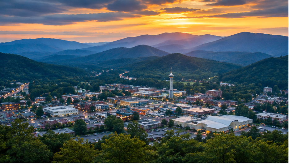 A scenic view of a town surrounded by mountains at sunset.