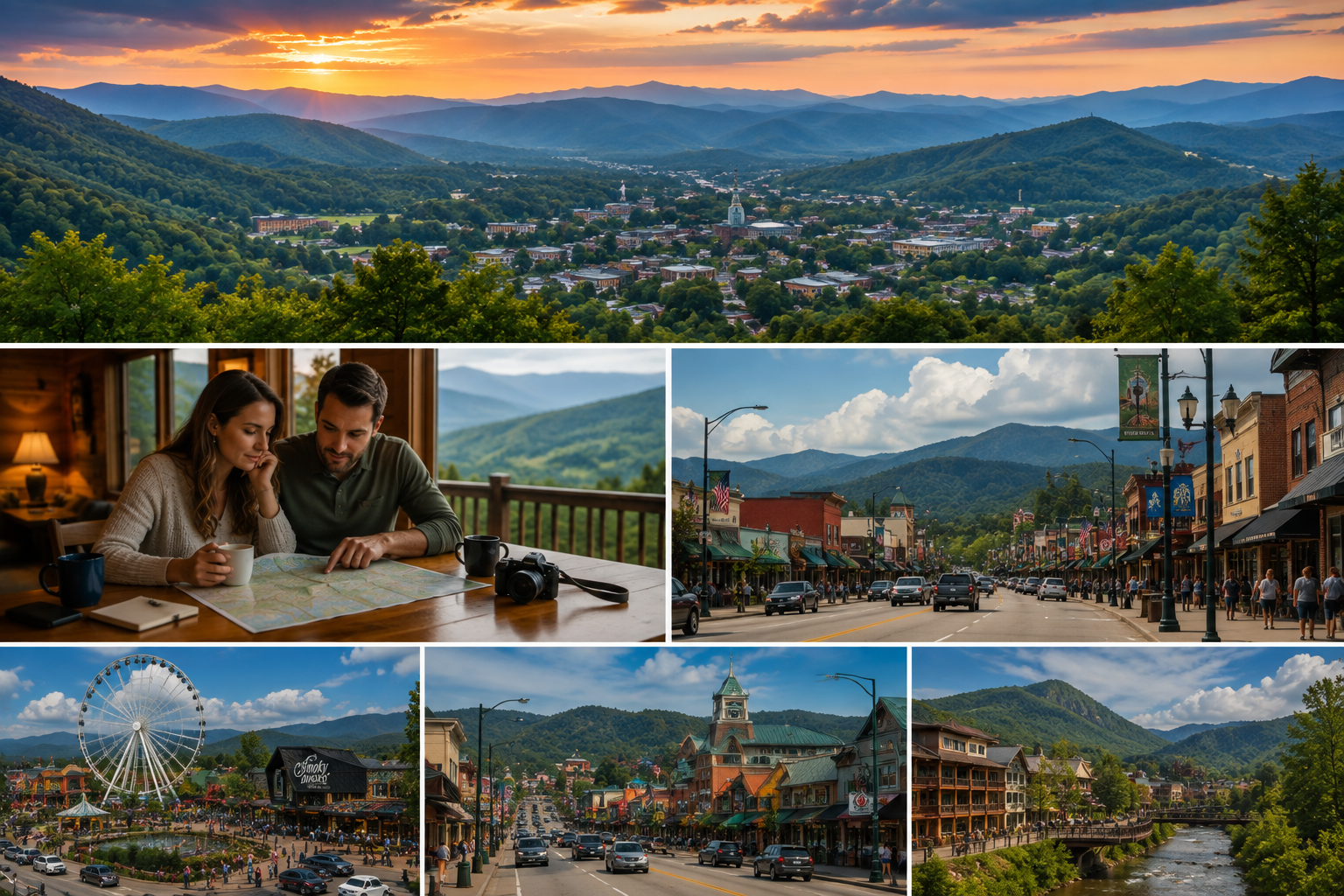 Scenic mountain town with streets, ferris wheel, and couple reading map indoors.