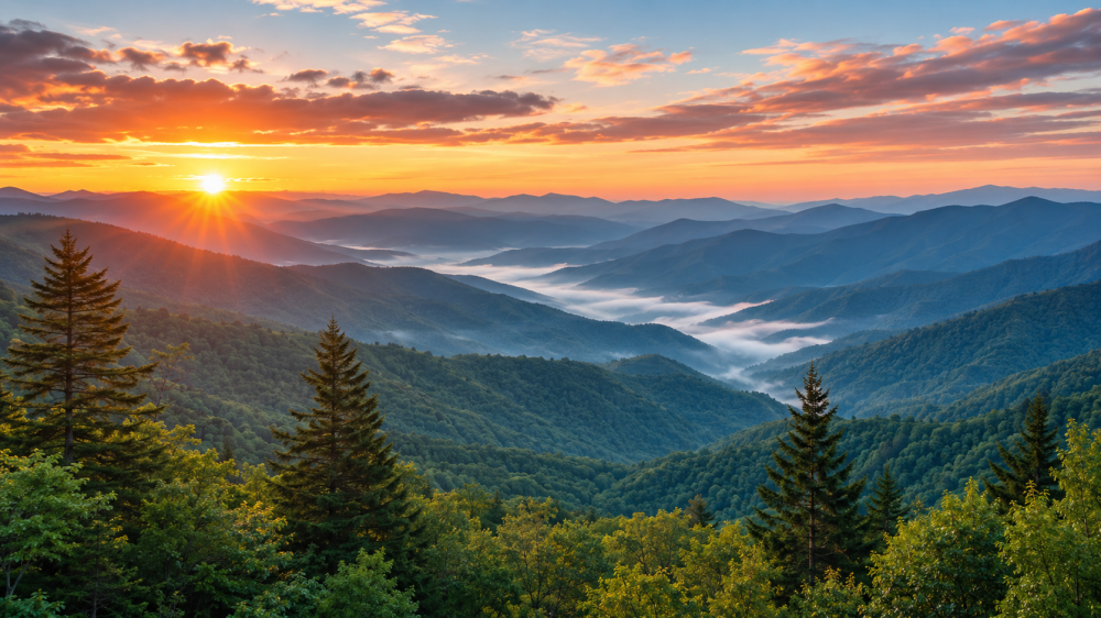 Sunrise over misty mountains with trees in the foreground.