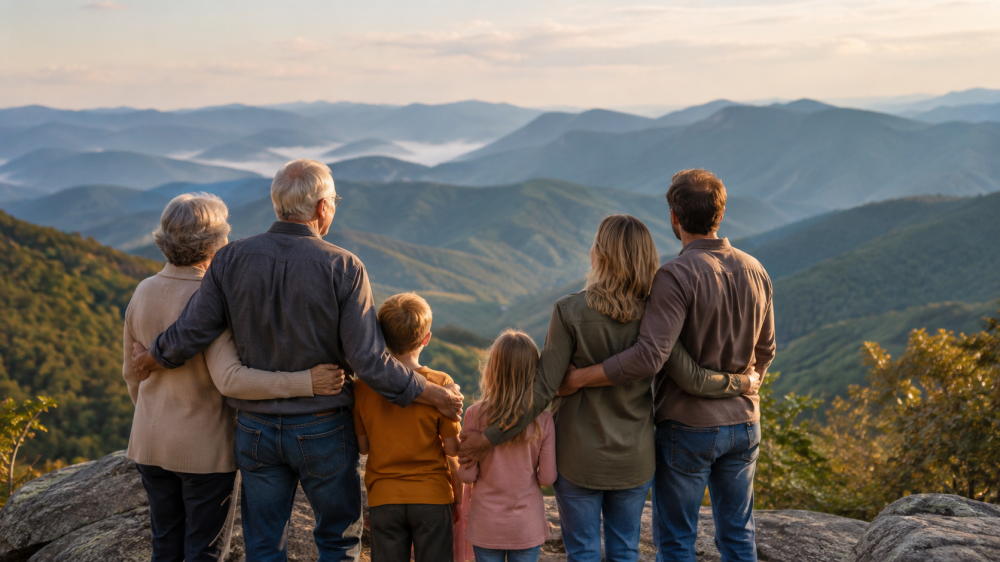 Family of six looking at mountains during sunset.