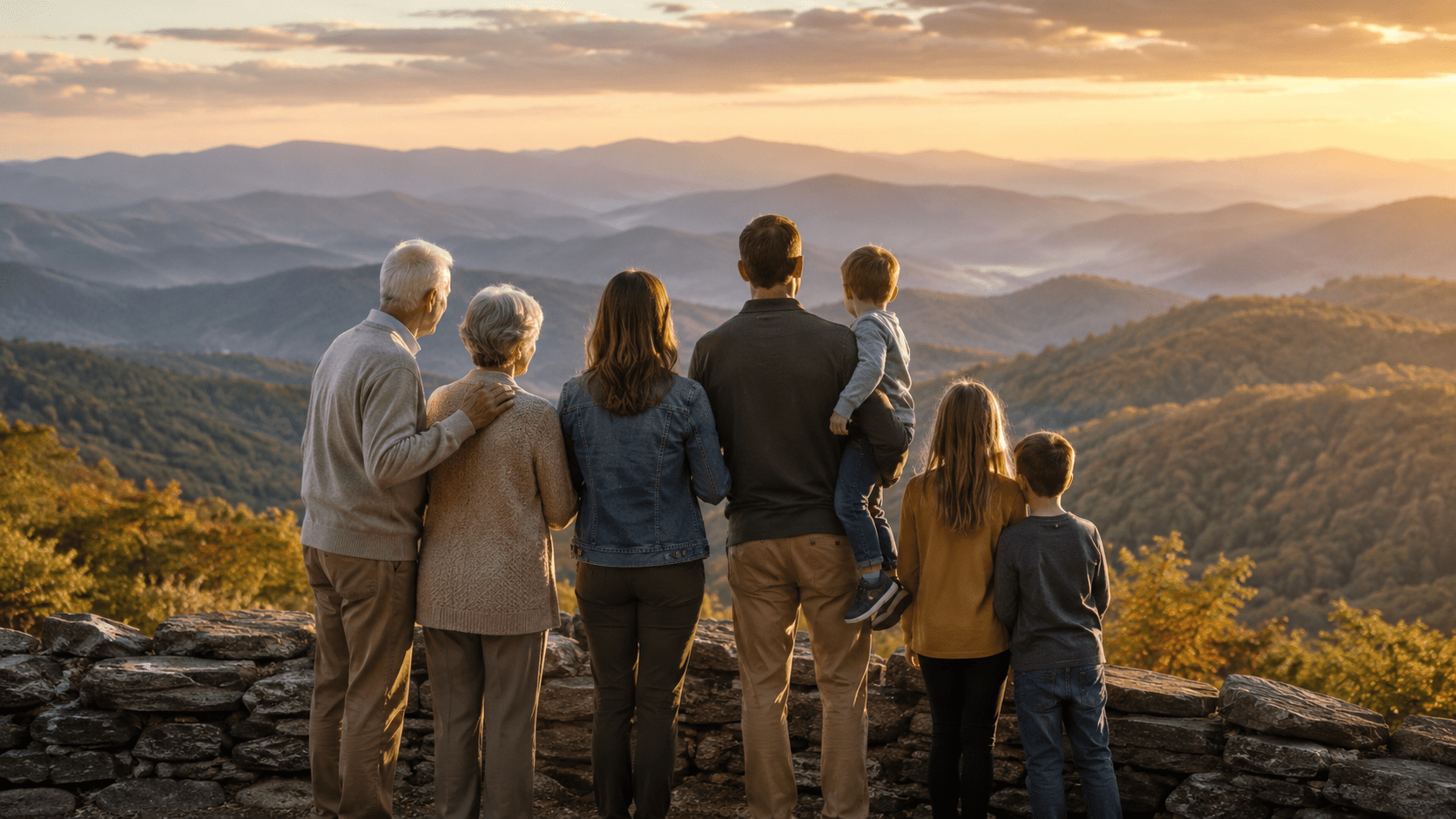 Family faces scenic mountain view of the Great Smoky Mountains at sunset, seven people from behind.