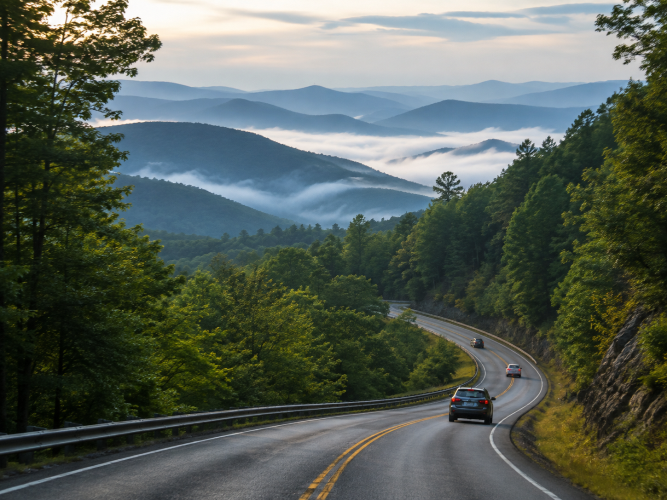 Cars driving on a winding road through lush green hills with mist and distant mountains.